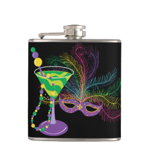Pfauenmaske und Martini Mardi Gras Flachmann