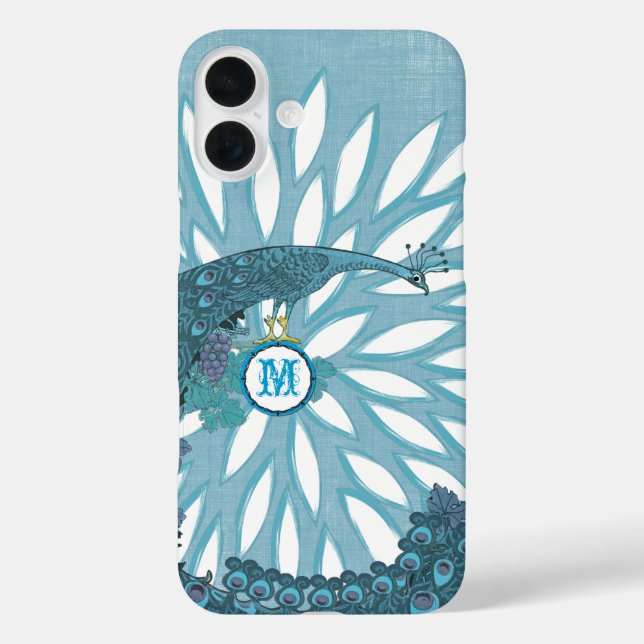 Pfauenmonogramm Moderne Blume Aquamarin iPhone 16 Plus Hülle (Rückseite)