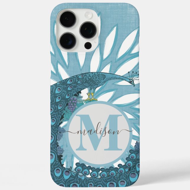 Pfauenmonogramm Moderne Blume Aquamarin iPhone 16 Pro Max Hülle (Rückseite)