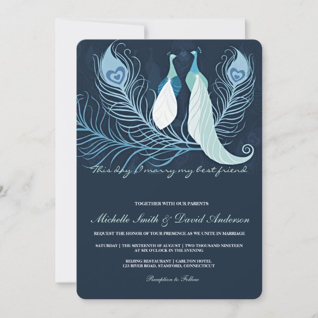 Pfauenpaare Love Vögel Blauer Hochzeitsempfang Einladung (Vorderseite)
