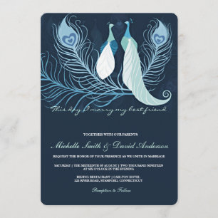 Pfauenpaare Love Vögel Blauer Hochzeitsempfang Einladung