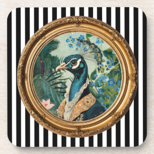 Pfauenporträt-Kunstposter in verzierter goldener R Getränkeuntersetzer