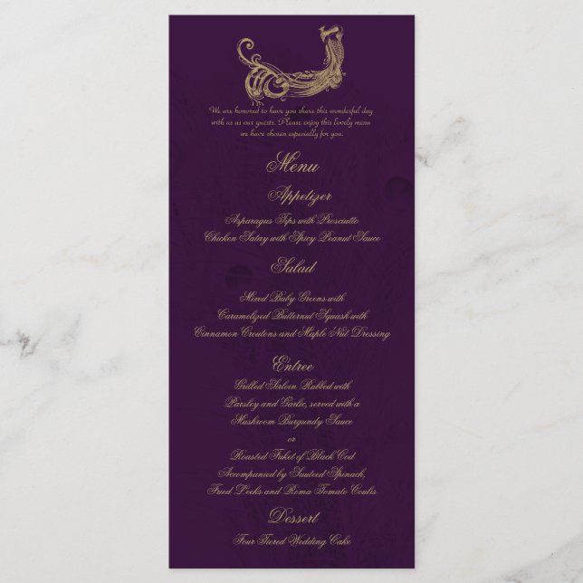 Pfauenregency im Lila Hochzeitmenü Menükarte (Vorderseite)