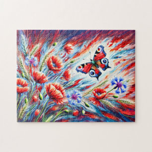Pfauenschmetterling mit Poppies und Cornblumen in