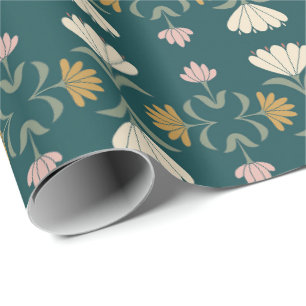 Pfauenteal und Ocker Jugendstil Floral Geschenkpapier