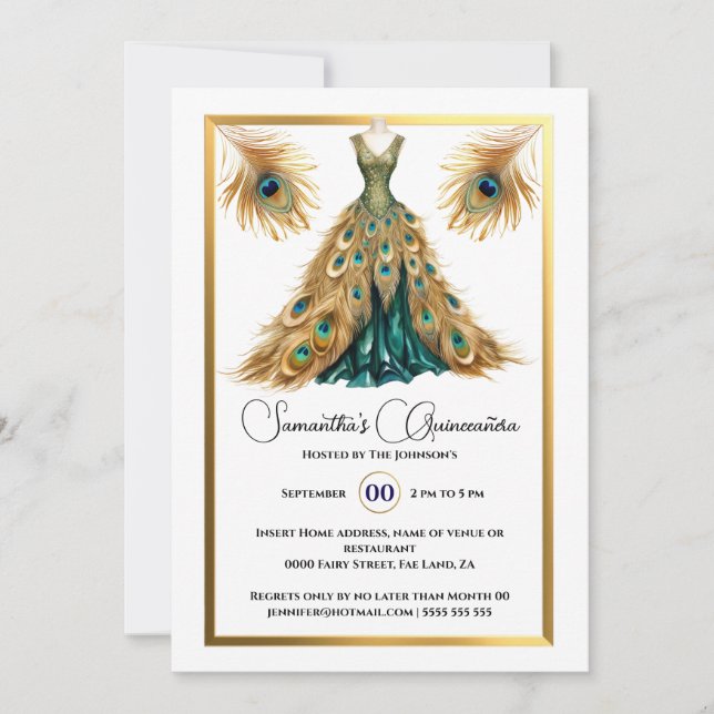 Pfauenthema Quinceañera Ball Gold grün Einladung (Vorderseite)