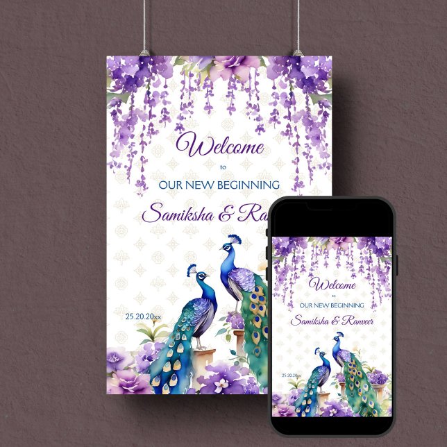 Pfauenviolette Blumen Indisches Begrüßungszeichen Poster (Peacocks purple flower garden Indian wedding welcome sign editable template poster digital download)