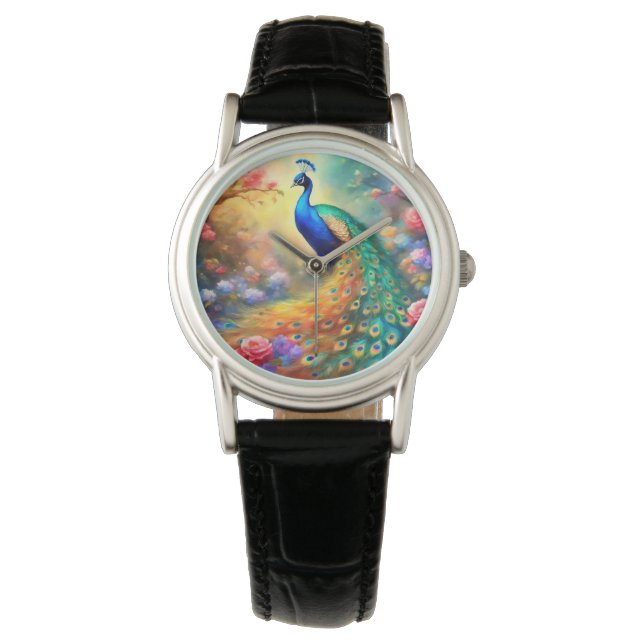 Pfauenvogel 100 mit Blume Armbanduhr (Vorderseite)