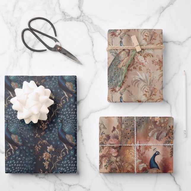 Pfauenvogel im Vintagen Stil Geschenkpapier Set (Vorderseite)