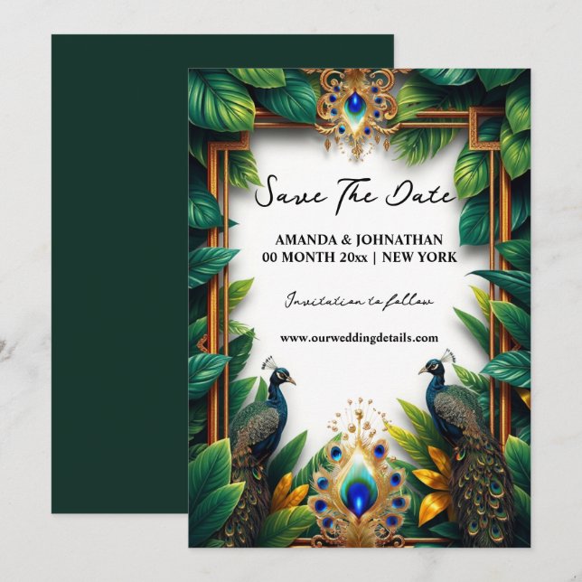 Pfauenvögel Luxusfedern tropische Freilandfedern Save The Date (Vorne/Hinten)