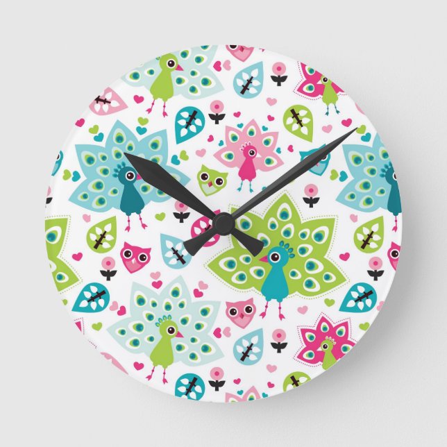 Pfauenvogel und Eule Runde Wanduhr (Vorderseite)