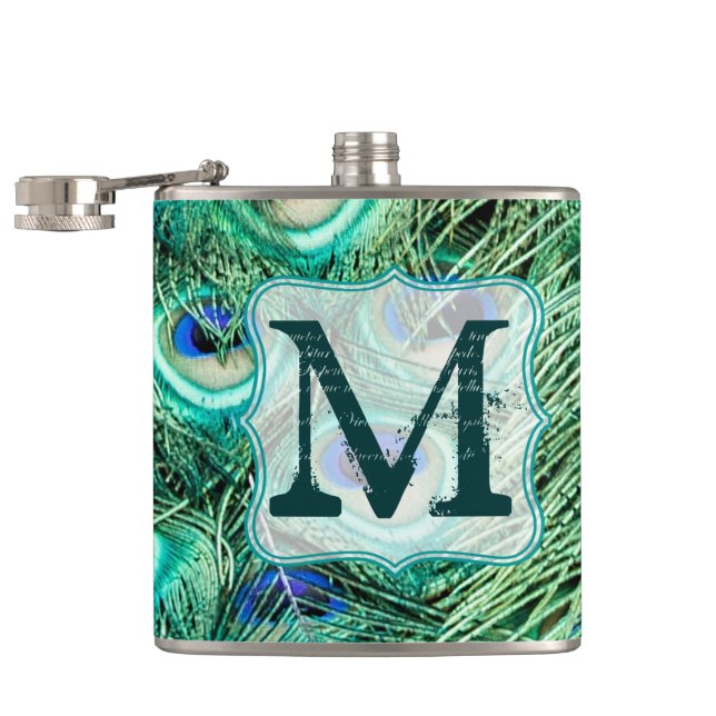 Pfauenvogelfeder Teal Monogramm Whiskyflasche Flachmann (Geöffnet)