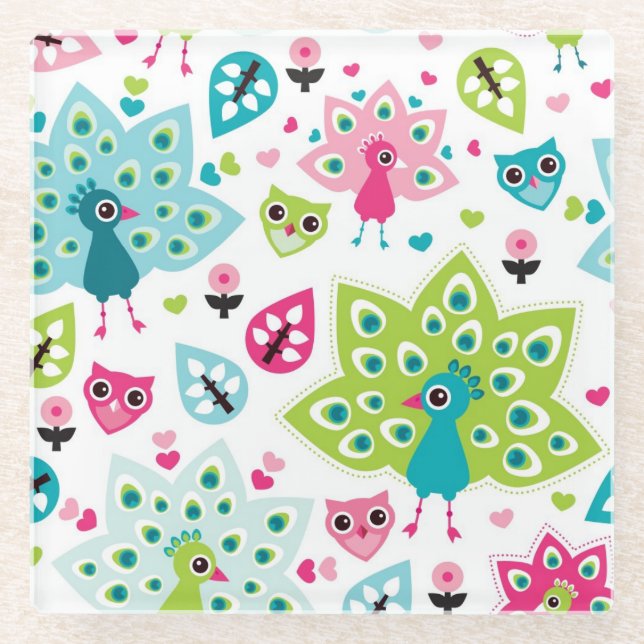 Pfauvogel und -eule glasuntersetzer (Vorderseite)