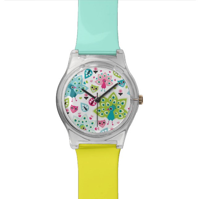 Pfauvogel und -eule uhr (Nahaufnahme)