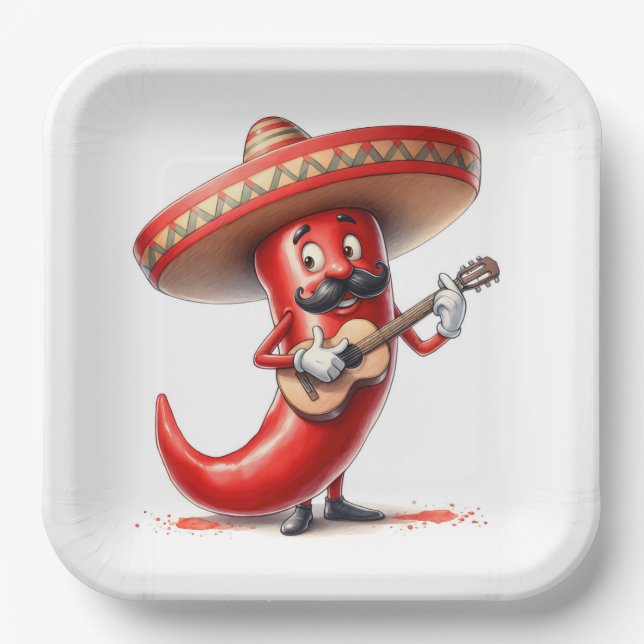 Pfeffer aus mexikanischem Rotem Chili mit Gitarre Pappteller (Vorderseite)