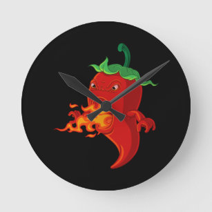 Pfeffer mit rotem heißem Chili mit Flamme Runde Wanduhr
