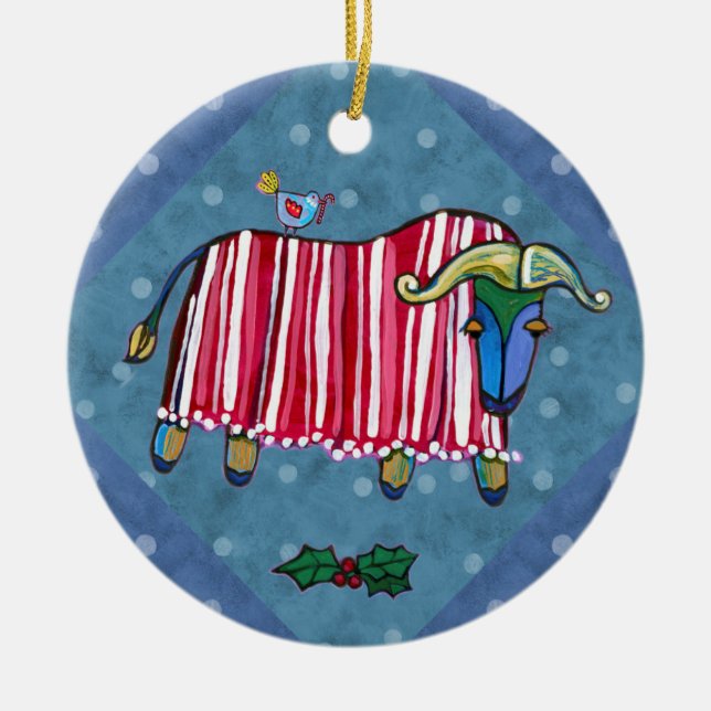 Pfefferminz-Ochsen-Weihnachtsbaum-Verzierung Keramikornament (Vorne)