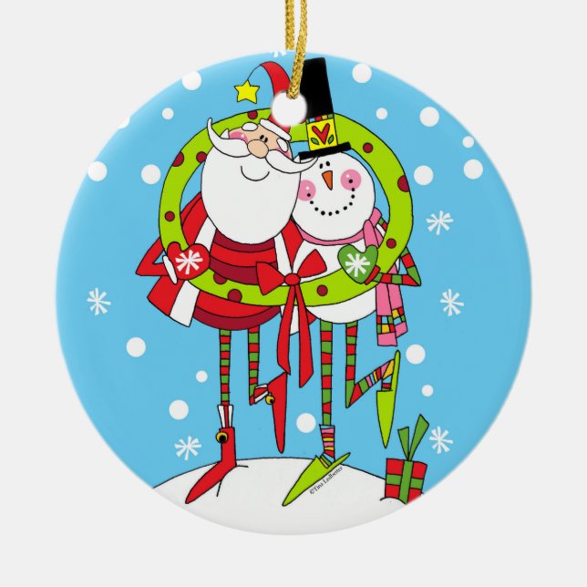 Pfefferminz Stix Sankt und Schneemann-Verzierung Keramikornament (Vorne)