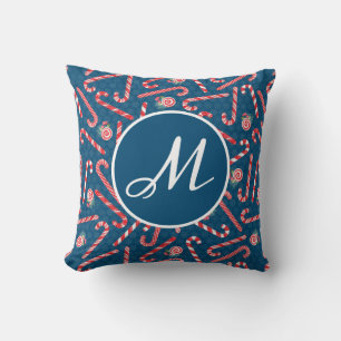 Pfefferminz-Weihnachts-Karneval Blau Monogramm Kissen