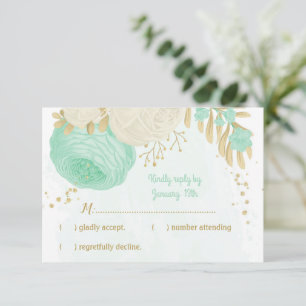 Pfefferminzgrün, weiße Blume Goldblütenhochzeit RSVP Karte