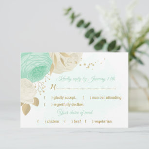 Pfefferminzgrün, weiße Blume, goldfarbene Blumensp RSVP Karte