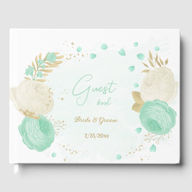 Pfefferminzgrün & weiße Blume Hochzeit mit Blumen Gästebuch (Vorderseite)
