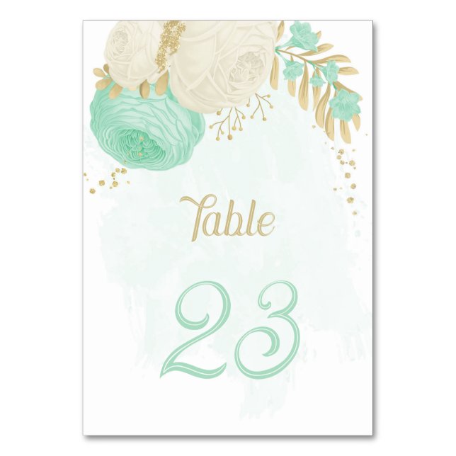 Pfefferminzgrün & weiße Blume Hochzeitstisch mit B Tischnummer (Vorderseite)