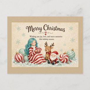 Pfefferminzmädchen mit Weihnachtsmann und Rentier  Postkarte