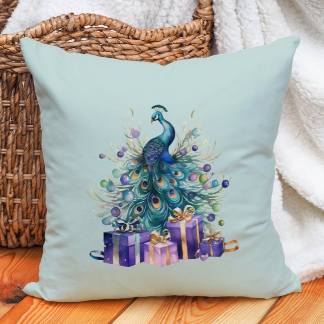 Pfeifen Weihnachten Lila Blau Aquamarin Kissen (Purple and teal peacock Christmas decorator pillow.)