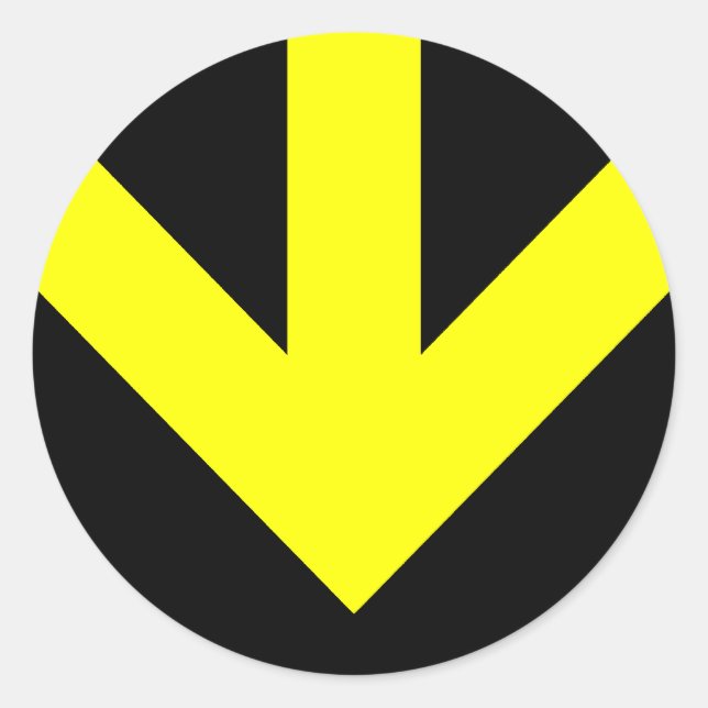 -Pfeil nach unten. Farbe anpassbar. Runder Aufkleber (Vorderseite)