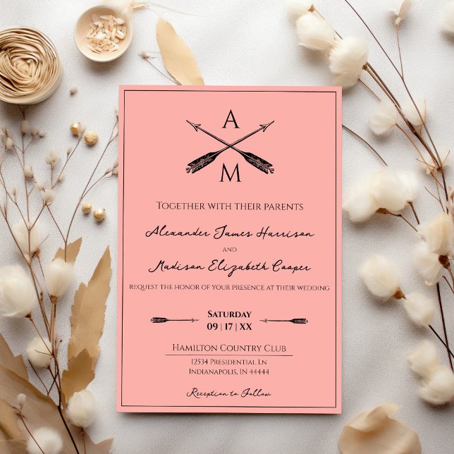 Pfeile und Monogramme Hochzeiten | Korallen Einladung (Coral Arrows and Monograms Wedding Invitation)