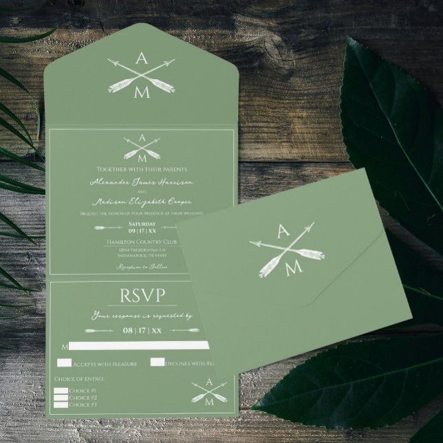 Pfeile und Monogramme Hochzeiten | Moss Green All In One Einladung (Moss Green Arrows and Monograms Wedding All in One Invitation)