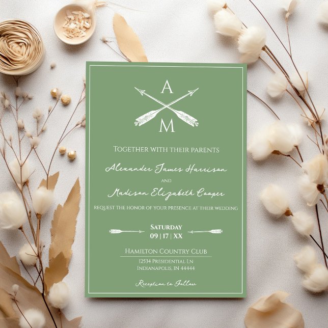 Pfeile und Monogramme Hochzeiten | Moss Green Einladung (Moss Green Arrows and Monograms Wedding Invitation)