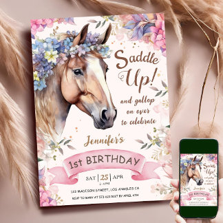 Pferd 1. Geburtstag CowGirl Blume Satteln! Einladung
