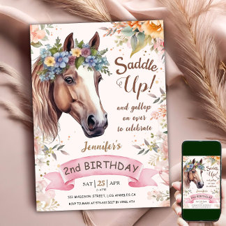 Pferd 2. Geburtstag KuhGirl Blumensattel hoch Einladung