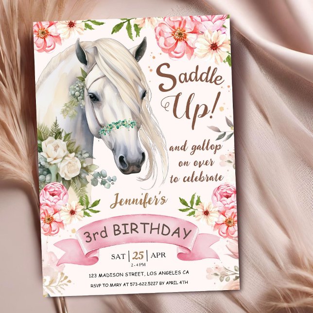 Pferd 3. Geburtstag Girl Pink Blume satteln Einladung (Von Creator hochgeladen)