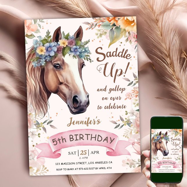 Pferd 5th Birthday CowGirl Blumensattel Up Einladung (Von Creator hochgeladen)
