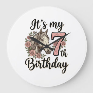 Pferd 7. Geburtstag Mädchen Floral Vintage-Shirt-D Große Wanduhr