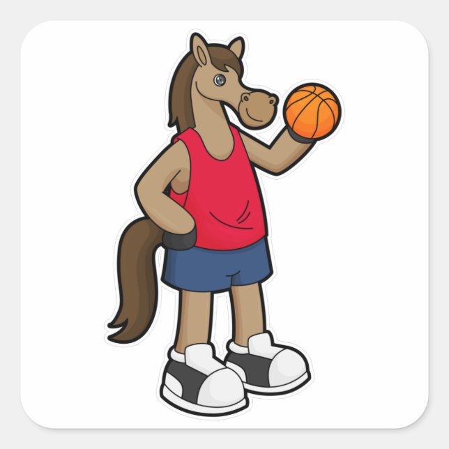 Pferd als Basketballspieler mit Basketball Quadratischer Aufkleber (Vorderseite)
