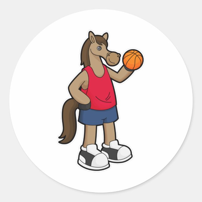 Pferd als Basketballspieler mit Basketball Runder Aufkleber (Vorderseite)