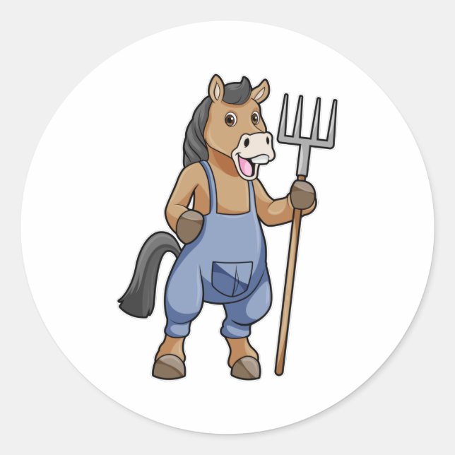 Pferd als Bauer mit Rake Runder Aufkleber (Vorderseite)