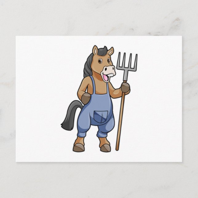 Pferd als Bauer mit Rechen Postkarte (Vorderseite)