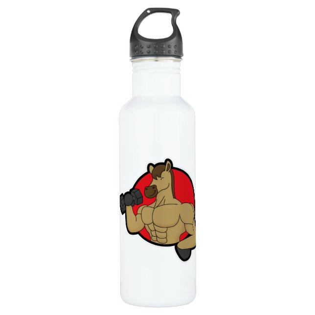 Pferd als Bodybuilder mit Dumbell Edelstahlflasche (Vorderseite)