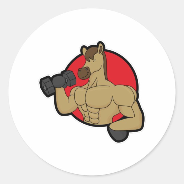 Pferd als Bodybuilder mit Dumbell Runder Aufkleber (Vorderseite)