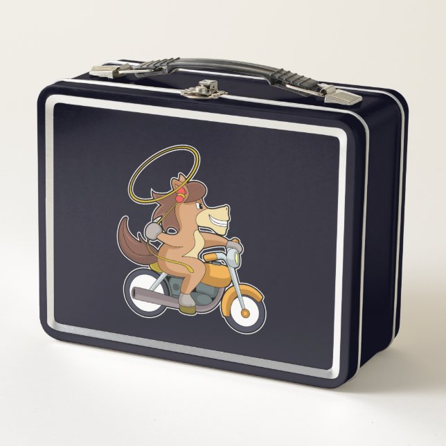 Pferd als Cowboy mit Lasso & Motorrad Metall Brotdose (Vorderseite)
