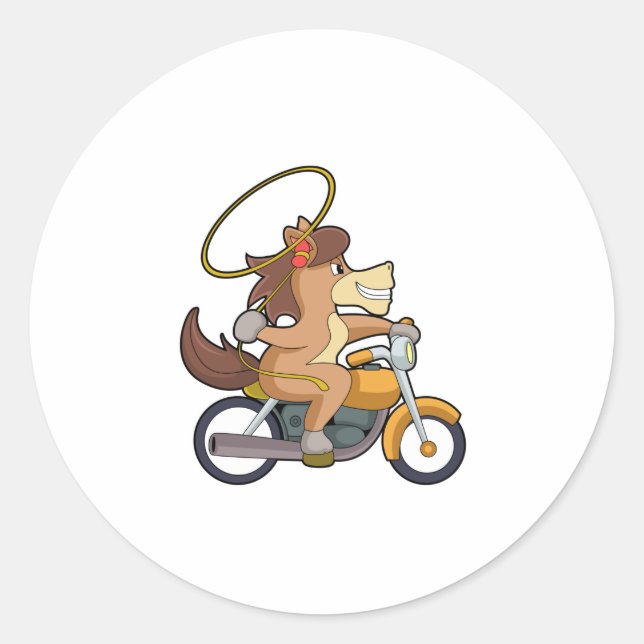 Pferd als Cowboy mit Lasso & Motorrad Runder Aufkleber (Vorderseite)