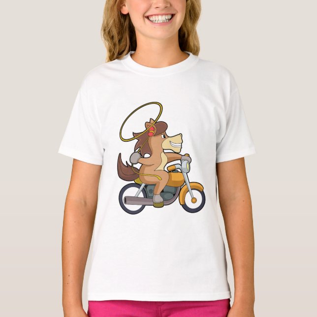 Pferd als Cowboy mit Lasso & Motorrad T-Shirt (Vorderseite)