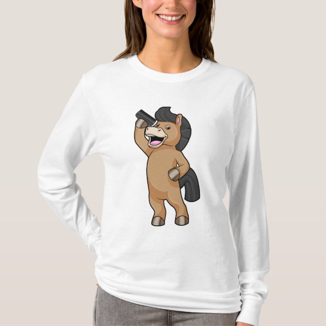 Pferd als Friseur mit Kamm T-Shirt (Vorderseite)