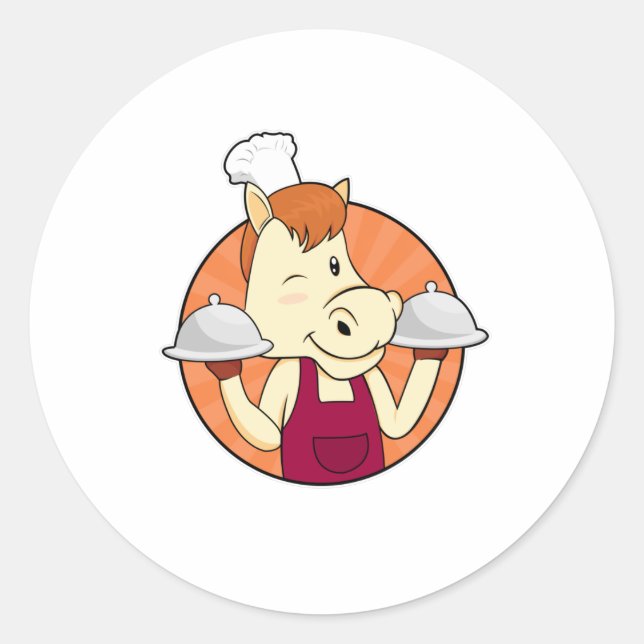 Pferd als Koch mit Servierplatten Runder Aufkleber (Vorderseite)