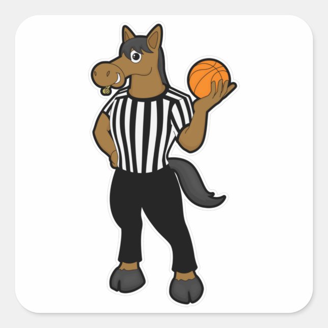Pferd als Schiedsrichter mit Basketball & Pfeifen Quadratischer Aufkleber (Vorderseite)
